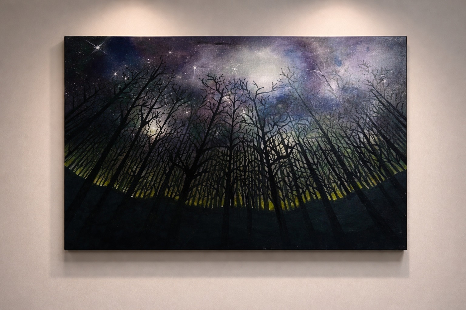 Starry night forest oil painting