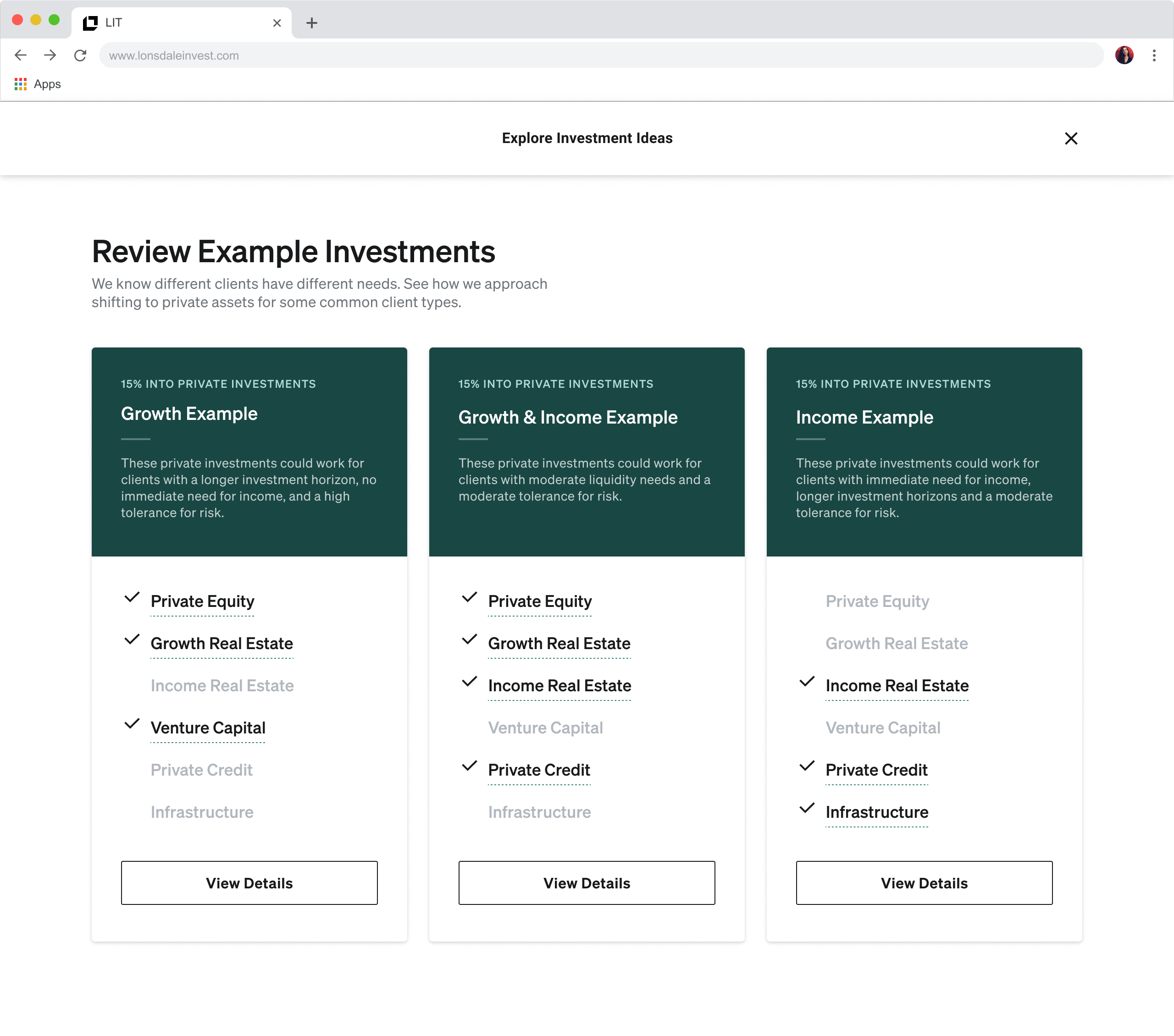Review Example Investments — the original recommendation modal showing preset model portfolios