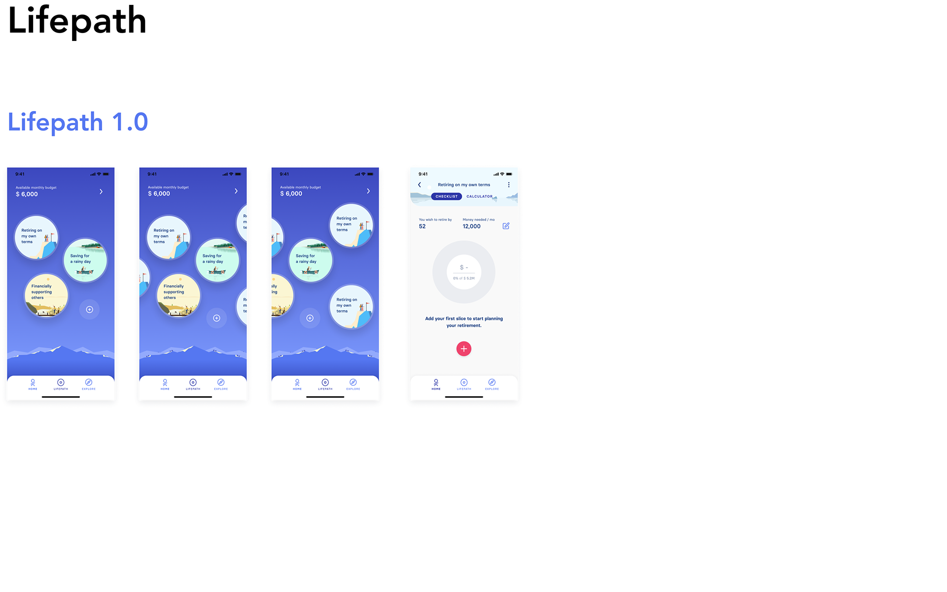 Lifepath 1.0 — mobile app screens
