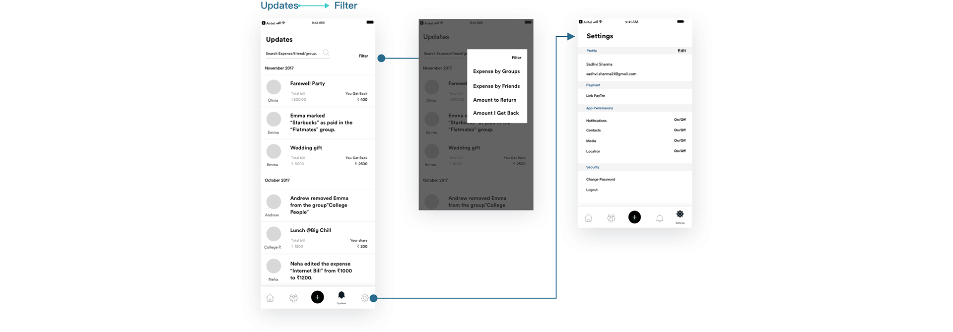 Updates — Filter — Settings wireframes